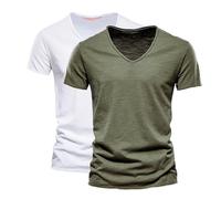 Men's V-neck T-shirts, pack of 2, fashionable short sleeve shirts made of slub cotton, comfortable basic summer tops in plain colours, classic leisure shirts for everyday and holidays, soft