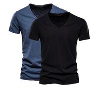Men's V-neck T-shirts, pack of 2, fashionable short sleeve shirts made of slub cotton, comfortable basic summer tops in plain colours, classic leisure shirts for everyday and holidays, soft