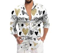 Men's Valentine's Day Digital 3D Print Button Down Long Sleeve Top Breathable Comfortable Stylish Fashion, White, XL