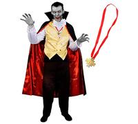 Mens Vampire Costume - Medium - Gold Waistcoat, White Shirt, Medal Necklace, White Bowtie, Black Cape - Adults Halloween Fancy Dress Costume
