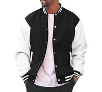 Mens Varsity Baseball Jackets Winter Warm Sherpa Lined Fleece College Jackets Long Sleeve Stand Collar Casual Snap Buttons Color Block Patchwork Cardigan Coat Outwear with Pockets