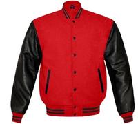 Men's Varsity Letterman Jacket - Wool Body with Genuine Leather Sleeves - Classic Baseball Bomber Style (UK, Alpha, L, Regular, Regular, Red Black)