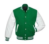 Men's Varsity Letterman Jacket - Wool Body with Genuine Leather Sleeves - Classic Baseball Bomber Style (UK, Alpha, L, Regular, Regular, Green White)