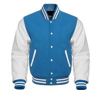 Men's Varsity Letterman Jacket - Wool Body with Genuine Leather Sleeves - Classic Baseball Bomber Style (UK, Alpha, XXL, Regular, Regular, Sky White)