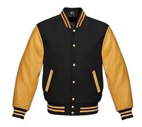 Men's Varsity Letterman Jacket - Wool Body with Genuine Leather Sleeves - Classic Baseball Bomber Style (UK, Alpha, S, Regular, Regular, Black Yellow)