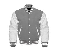 Men's Varsity Letterman Jacket - Wool Body with Genuine Leather Sleeves - Classic Baseball Bomber Style (UK, Alpha, XXL, Regular, Regular, Grey White)