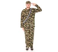 Mens Ve Day Army Costume With Bullet Belt. Action Man Soldier Costume for Men. Camouflage Suit in Green, Khaki, Brown, & Beige. Army Jacket + Matching Army Trousers + Matching Army Cap. Size: Small