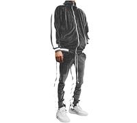 Mens Velour Velvet Tracksuit Set 2 Piece Athletic Sweat Suits Full-Zip Sweatshirt Jacket and Striped Jogging Botttoms Contrast Tracksuits Running Sports Gym Sportwear Casual Exercise Sports Outfit