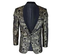 Mens Velvet Paisley Floral Blazer Black Gold Silver Tuxedo Jacket Dinner Suit Tux - Gold Black 48
