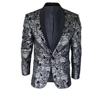 Mens Velvet Paisley Floral Blazer Black Gold Silver Tuxedo Jacket Dinner Suit Tux - Silver Black 36