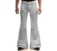 Men's Velvet Relaxed Vintage 60s 70s Bell Bottom Stretch Fit Classic Comfort Flared Flares Retro Leg Disco Pants, Silver, 3XL