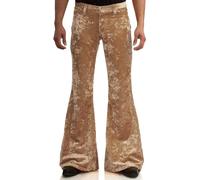 Men's Velvet Relaxed Vintage 60s 70s Bell Bottom Stretch Fit Classic Comfort Flared Flares Retro Leg Disco Pants, Khaki, Large