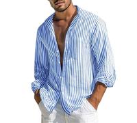 Men's Vertical Stripe Long Sleeve Shirt, Men's Summer Striped Print, Button Down Shirt, Casual Fit Shirt | For Beach, Vacation, City, Daily, Going Out, Mid-Season, #01 - Blue, 5XL