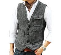 Mens Vest Casual Soft Wool Tweed Suit Vest Herringbone Waistcoat for Groosmen Best Man(X-Large, Grey)