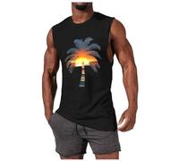 Mens Vest Tops Loose Fit Quicking Dry Tank Tops Sleeveless T Shirts Hawaiian Printed Tshirt Round Neck Muscle Summers Shirt Beach Holiday Vests Male Casual Running Top Breathable Athletic Tee A-Black