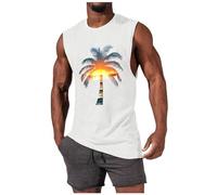Mens Vest Tops Loose Fit Quicking Dry Tank Tops Sleeveless T Shirts Hawaiian Printed Tshirt Round Neck Muscle Summers Shirt Beach Holiday Vests Male Casual Running Top Breathable Athletic Tee A-White