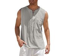 Mens Vests Cotton Hemp Plain Sleeveless T Shirt Grandad Collar Tank Top Singlet Lace Up Placket Vest Moisture Breathable Comfortable Fabric Gym Vest Loose Casual for Walking, Running, Fitness Grey