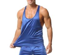 Mens Vests Sleeveless Satin Racerback Wide Strap Pajamas Vest Moisture Wicking Quick Dry Summer Undershirt Vest Y-Back Lightweight Soft Breathable Underwear Vests for Everyday Casual Wear Blue