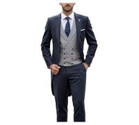 Mens Victorian Peak Lapel Tailcoat Vest Pants Tuxedo Set Wedding Dress Suit Set Morning Suits, Navy Blue, XXL
