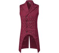 Mens Victorian Steampunk Gothic Double-Breasted Waistcoat Brocade Jacquard Tailcoat Vest UK-PZLSV11 Burgundy X-Large