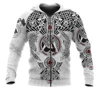 Men's Viking Armor Totem Hoodie,Medieval Valhalla Nordic Celtic Wolf 3D Rune Tattoo Print Pagan Zipper Jacket(Viking B,XXL)