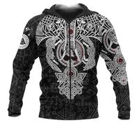 Men's Viking Armor Totem Hoodie,Medieval Valhalla Nordic Celtic Wolf 3D Rune Tattoo Print Pagan Zipper Jacket(Viking C,XL)