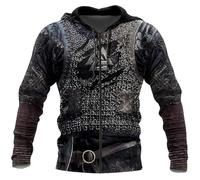 Men's Viking Armor Totem Hoodie,Medieval Valhalla Nordic Celtic Wolf 3D Rune Tattoo Print Pagan Zipper Jacket(Viking A,XL)