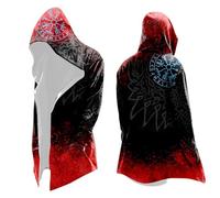 Men's Viking Cardigan with Vegvisir on the Back - Asymmetrical Coat in Nordic Style with Rune Circle | Dark Hooded Coat for Festivals and LARP, style_r01 red, L