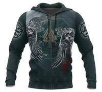 Men's Viking Celtic Raven Sweatshirt, 3D Full Body Digital Print Retro Casual Polyester Pagan Plus-size Hoodie(Green Zip hoodie,M)