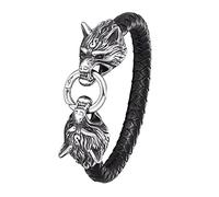 Men's Viking Double Wolf Head Stainless Steel Leather Bracelet, 8MM Black Braided Rope Bangle Wristband, Nordic Medieval Fashion Punk Classic Celtic Pagan Jewelry(21CM)