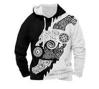 Men's Viking Hoodie in Split Design with Wolf Head - Two-Tone Hoodie with Celtic Knot Pattern | Mystical Sweatshirt for Nordmann Fans, style_y01 black, L