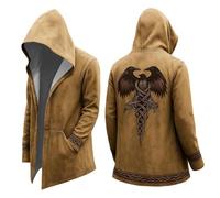 Men's Viking Hoodie Medium Length Cardigan Cosplay Costume with Hood 3D Printed Cool Coat Biker Jacket Sweatshirt Leisure & Motorcycle Jacket (A1-Khaki, L)