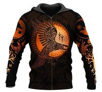 Men's Viking Hoodie, Nordic Mythology Odin Crow Tattoo 3D Print Pullover Sweatshirt, Unisex Autumn Casual Long Sleeve Fashion Street Jacket, HoodieZIP,L