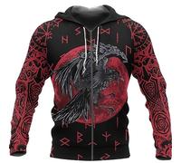 Men'S Viking Hoodie, Nordic Odin Crow Tattoo 3d Printing Sweatshirt, Vintage Pagan Clothing, Autumn Long Sleeve Harajuku Street Pullover,Hoodie. (Zip,2XL)