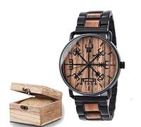 Men's Viking Nordic Vegvisir Compass Solid Wood Analog Quartz Wrist Watch, Handmade Engraved Adjustable Watch Band with Wooden Watch Gift Box. (Black)