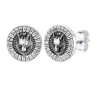 Men's Viking Norse Earrings - Runes Wolf Head Studs Solid Stainless Steel Steampunk Earring for Dad Grandpa
