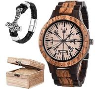 Men's Viking Rune Wooden Watches Vintage Handmade Engrave Adjustable Casual Wristwatches with Chain and Gift Wooden Box
