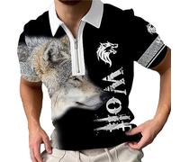 Men's Viking Wolf Print T Shirt Vintage Animal 3D Printed Polo Shirt Zipper Collar Short Sleeve T-Shirt Tactical Golf Tee