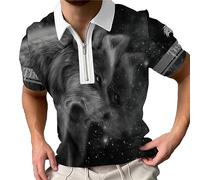 Men's Viking Wolf Print T Shirt Vintage Animal 3D Printed Polo Shirt Zipper Collar Short Sleeve T-Shirt Tactical Golf Tee