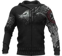 Men's Viking Wolf Skull Head Tattoos Full Zip Men viking hoodie, Norse Myth Odin Fenrir 3D Print Long Sleeve Pullover Sweatshirt (Color : Wolf, Size : XXL)