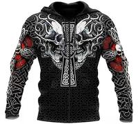 Men's Viking Wolf Skull Head Tattoos Full Zip Men Viking Hoodie, Norse Myth Odin Fenrir 3D Print Long Sleeve Pullover Sweatshirt (Color : Skull, Size : XXL)
