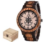 Men's Viking Wooden Gift Wrist Watch with Wooden Box, Nordic Vintage Quartz Analog Watch, Handmade Adjustable Wrist Clock with Gift Wrap. (Black)
