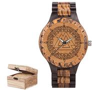 Men's Viking Wooden Watch Solid Wood Analog Quartz Wrist Watch, Adjustable Norse Mythology Rune Watches Vintage Fashion Watch. (Black)