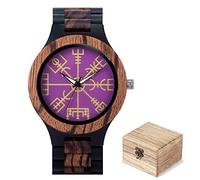 Men's Viking Wooden Watch Solid Wood Analog Quartz Wrist Watch with Nordic Vegvisir Compass Adjustable Watch Band, Handmade Engraved. (D)