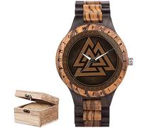 Mens Viking Wooden Watches,Quartz Wrist Watch Clock Wood Print Dial, Nordic Vintage Quartz Analog Watch, Adjustable Wrist Watch. (Black)