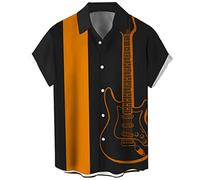 Men's Vintage Bowling Shirt 1950s Retro Rockabilly Style Short Sleeve Button Down Music Hawaiian Shirts, Guitar-orange Black, XL
