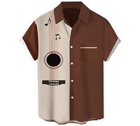 Men's Vintage Bowling Shirt 1950s Retro Rockabilly Style Short Sleeve Button Down Music Hawaiian Shirts, Guitar-apricot Coffee, 3XL