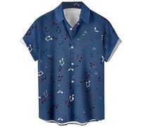 Men's Vintage Bowling Shirt 1950s Retro Rockabilly Style Short Sleeve Button Down Music Hawaiian Shirts, Music Note-navy, S