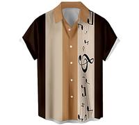 Men's Vintage Bowling Shirt 1950s Retro Rockabilly Style Short Sleeve Button Down Music Hawaiian Shirts, Music Note-beige Brown, Large