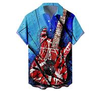 Men's Vintage Bowling Shirt 1950s Retro Rockabilly Style Short Sleeve Button Down Music Hawaiian Shirts, Guitar-line, Large